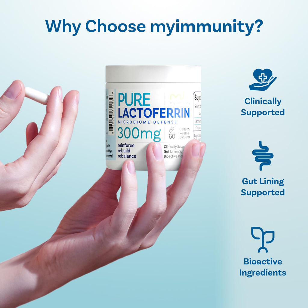 Lactoferrin 300mg Delayed Release Capsules - MyImmunity Premium Immune Support Supplement with Iron Absorption - Freeze Dried, Non-GMO, Gluten Free, Vegetarian - 60 Count (2 Month Supply)