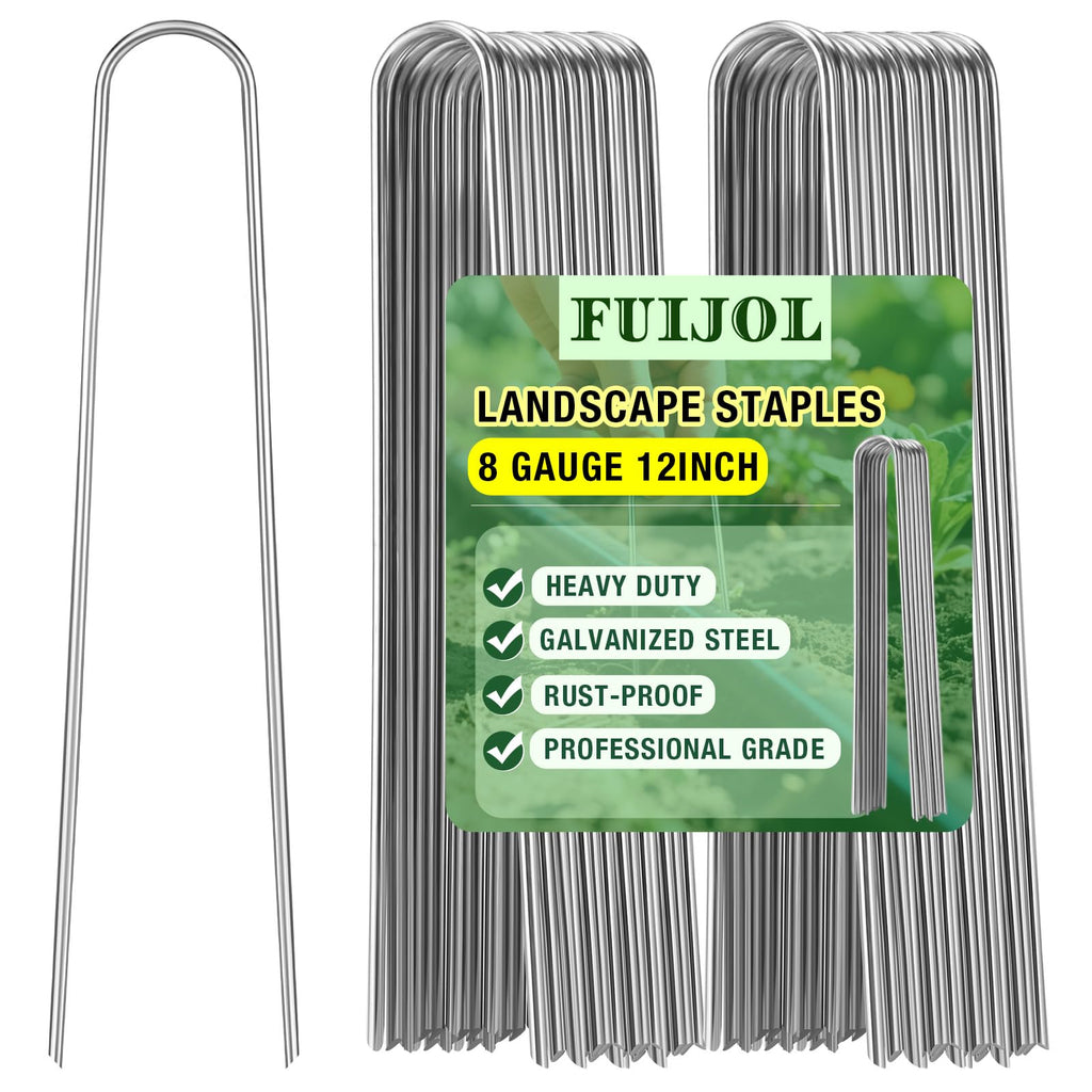 8 Gauge Landscape Staples, FUIJOL 12 Inch Heavy Duty U-Shaped Landscape Stakes, 100 Pack Galvanized Garden Staples for Weed Barrier Stakes, Ground Cover, Irrigation Tubing, Fence (100)