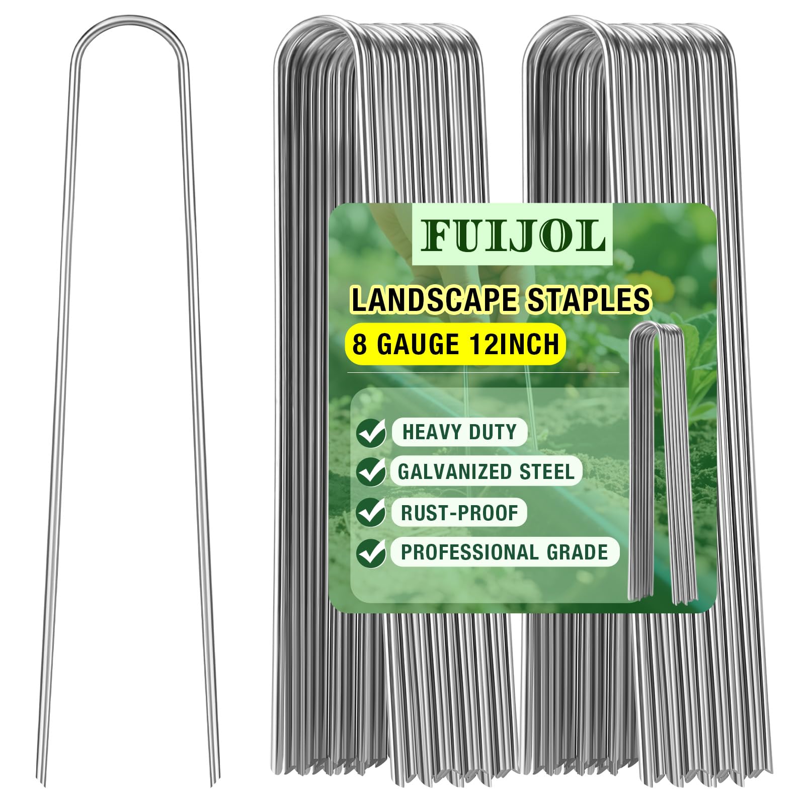 8 Gauge Landscape Staples, FUIJOL 12 Inch Heavy Duty U-Shaped Landscape Stakes, 100 Pack Galvanized Garden Staples for Weed Barrier Stakes, Ground Cover, Irrigation Tubing, Fence (100)