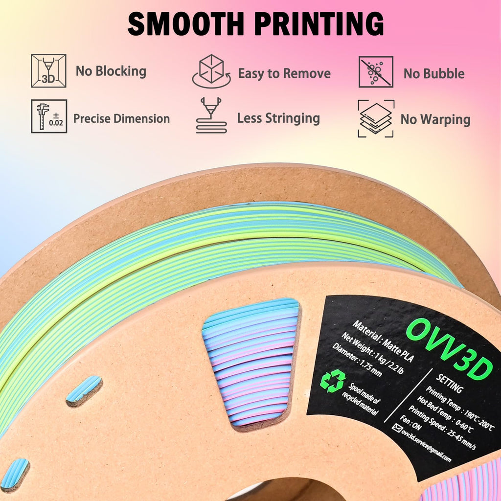 OVV3D Rainbow PLA Filament 1.75mm, Pastel Filament Multicolor Matte PLA 1kg