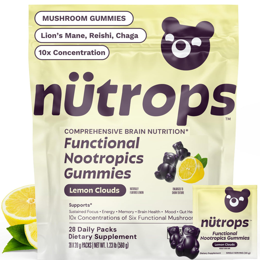 Nutrops Lions Mane Mushroom Gummies for adults, Functional Nootropics, Herbal Brain Supplement for Energy, Brain Health, Cognitive, Memory & Focus, Reishi, Chaga, Cordyceps, Coriolus, 28 daily Packs