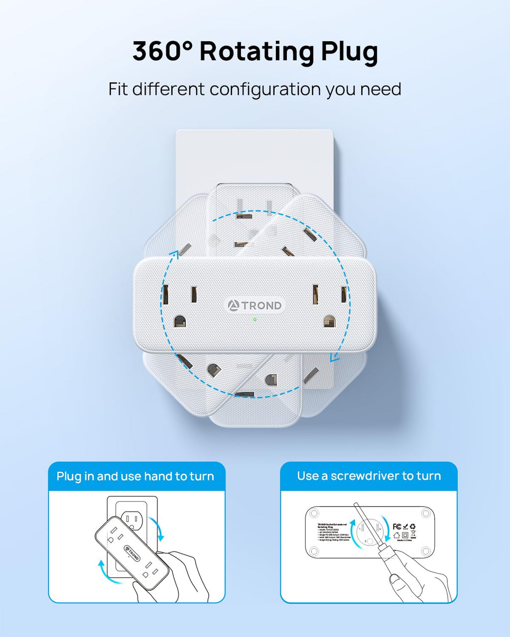 TROND 360° Rotating Wall Outlet Extender 2 Pack, 6AC Outlet Splitter with 2 PD20W USB C Charger and 2 USB A Ports, 900J Surge Protector, 3-Way Sideways Plug Adapter for Kitchen, Bathroom, Bedroom