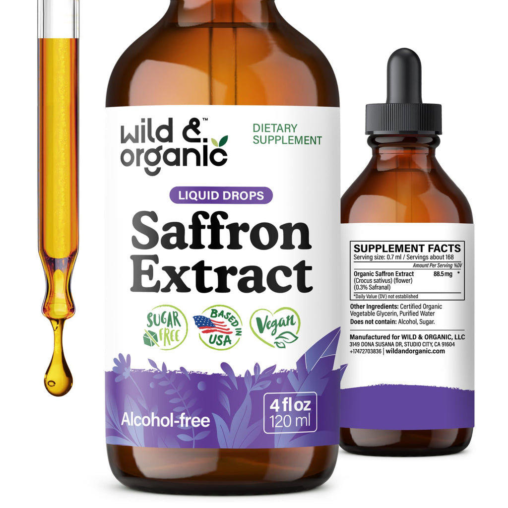 Wild & Organic Saffron Supplements 88.5 mg - 5-Month Supply - Saffron Extract Drops for Mood, Focus, Eye Support - Crocus Sativus Liquid Extract - Vegan, Alcohol & Sugar-Free Tincture - 4 fl oz