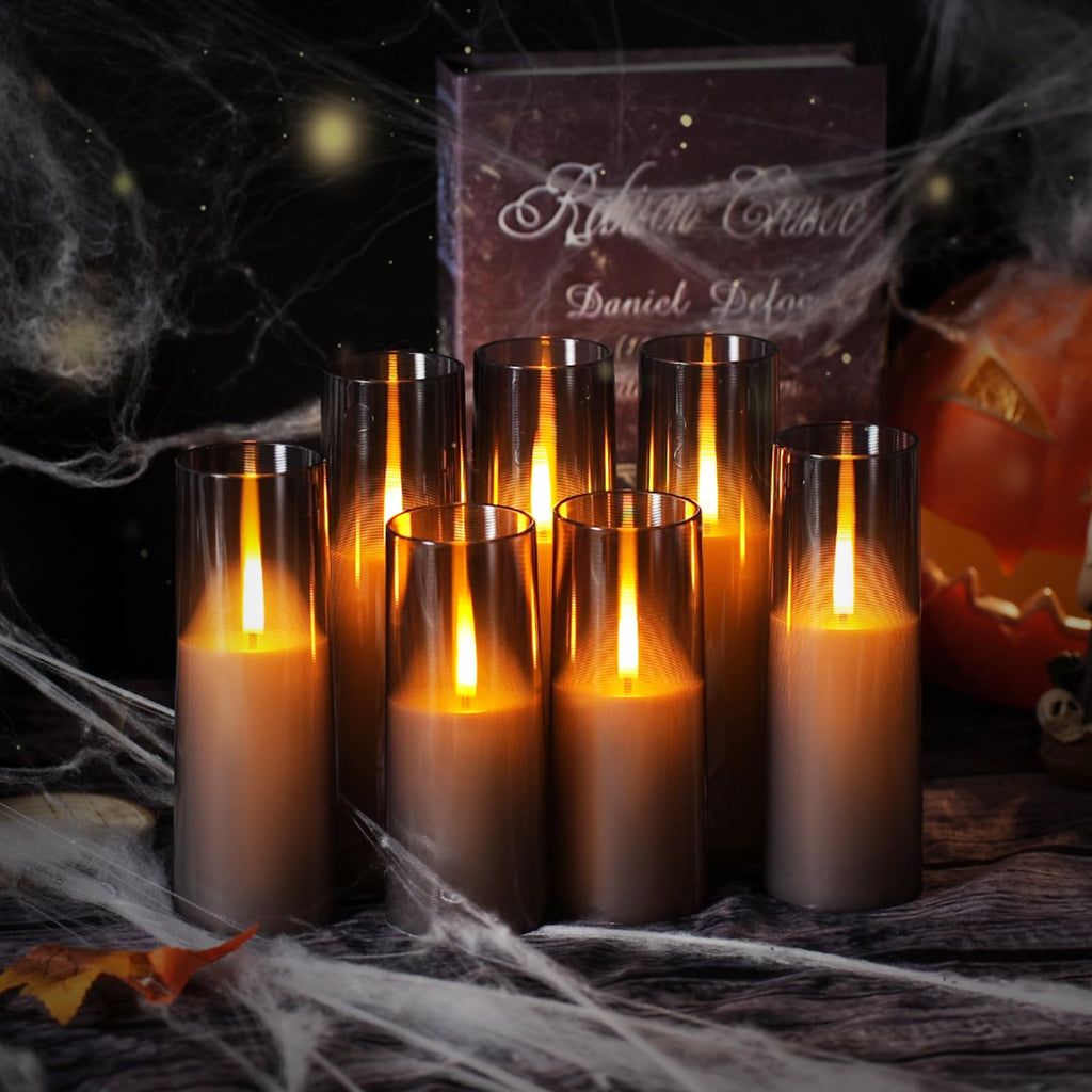 kakoya Flameless LED Candles Upgraded Realistic Flickering Flame,7Pcs Battery Operated Candles with Remote Timers,LED Pillar Candles for Home Decor,Christmas,and Parties（Grey）