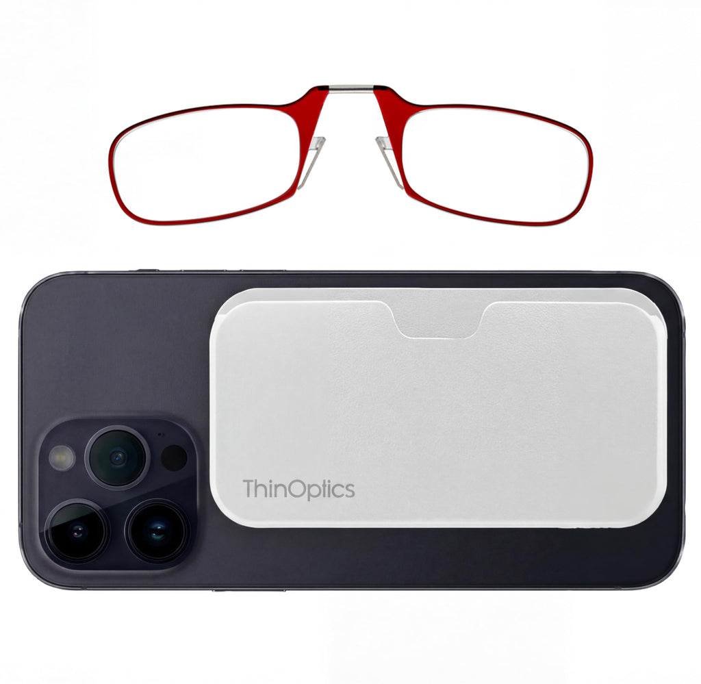 Always With You by ThinOptics Slim Reading Glasses with Case that Sticks to Your Phone - Ultra-Thin Armless Pocket Readers - Lightweight, Durable, Convenient - White/Red, 1.0x