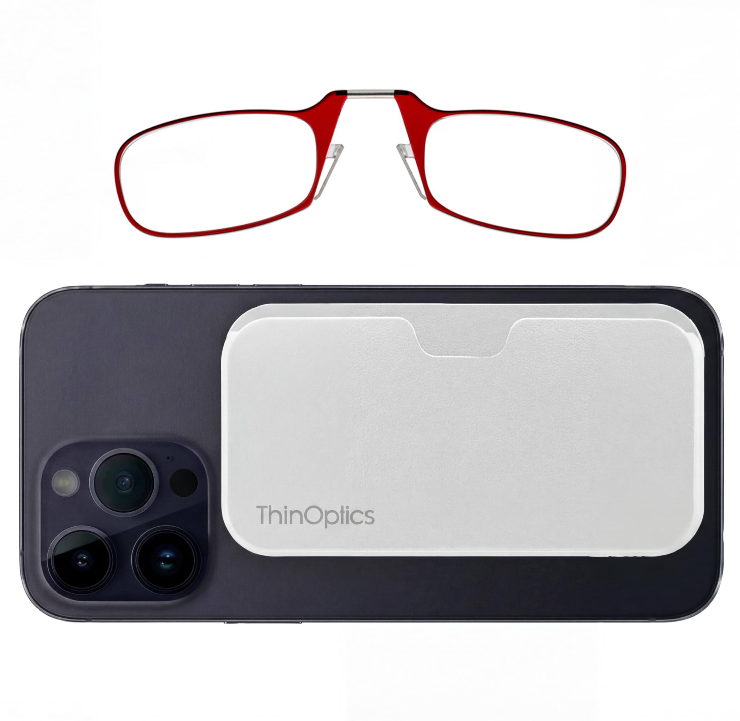 Always With You by ThinOptics Slim Reading Glasses with Case that Sticks to Your Phone - Ultra-Thin Armless Pocket Readers - Lightweight, Durable, Convenient - White/Red, 1.0x