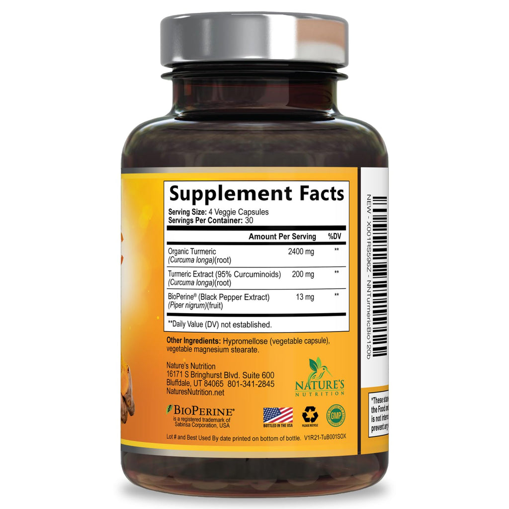 Turmeric Curcumin Supplement - 2400mg Organic Turmeric Per Serving - 95% Curcuminoids & BioPerine Black Pepper Extract for Best Absorption - Natural Vegan Joint Support, Bottled in USA - 120 Capsules