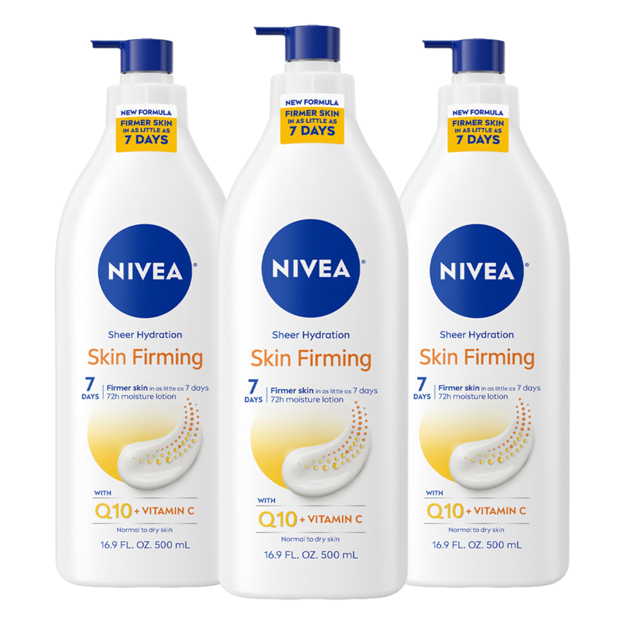 NIVEA Sheer Hydration Skin Firming Body Lotion with Q10 and Vitamin C, 72-Hour Body Moisturizer for Normal to Dry Skin, 16.9 Fl Oz Pump Bottle, Pack of 3