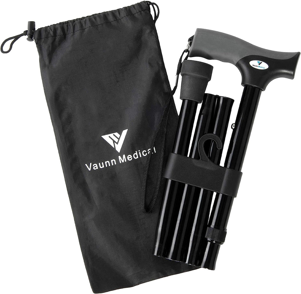 FSA/HSA Eligible, Vaunn Medical Easy Grip Height Adjustable Folding Cane/Walking Stick with Strap/Pouch- Compact, Portable, and Safe Walking Assistant- Non-Slip Grip Handle- Men, Women, Elderly
