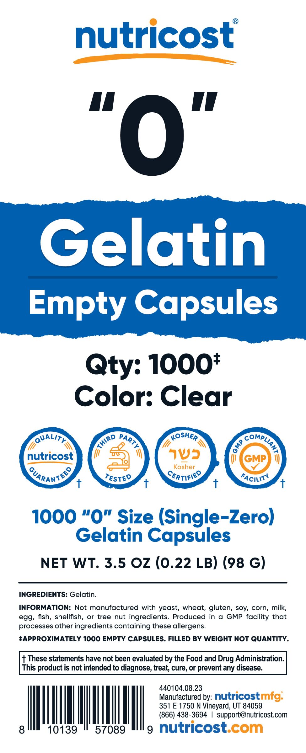 Nutricost Empty Capsules Gelatin Size (0) - 1,000 Clear Empty Gel Capsules - Kosher, Non-GMO, Soy Free, Gluten Free, GMP Compliant