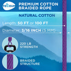 TECEUM Cotton Rope 3/16” (5 mm) – 100 FT – Strong All-Purpose Braided Rope – Natural Cotton – for Crafting, Сamping, Clothes Line, DIY, Indoor & Outdoor Use – Purple