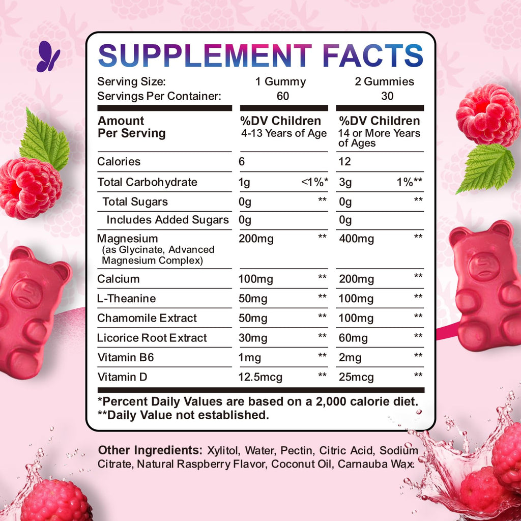 2 Pack Kids Magnesium Gummies, Magnesium Glycinate Gummies for Kids & Adults with L-Theanine, Chamomile, Vitamin D, B6 for Sleep, Relaxation, Brain & Muscle, Sugar Free Raspberry