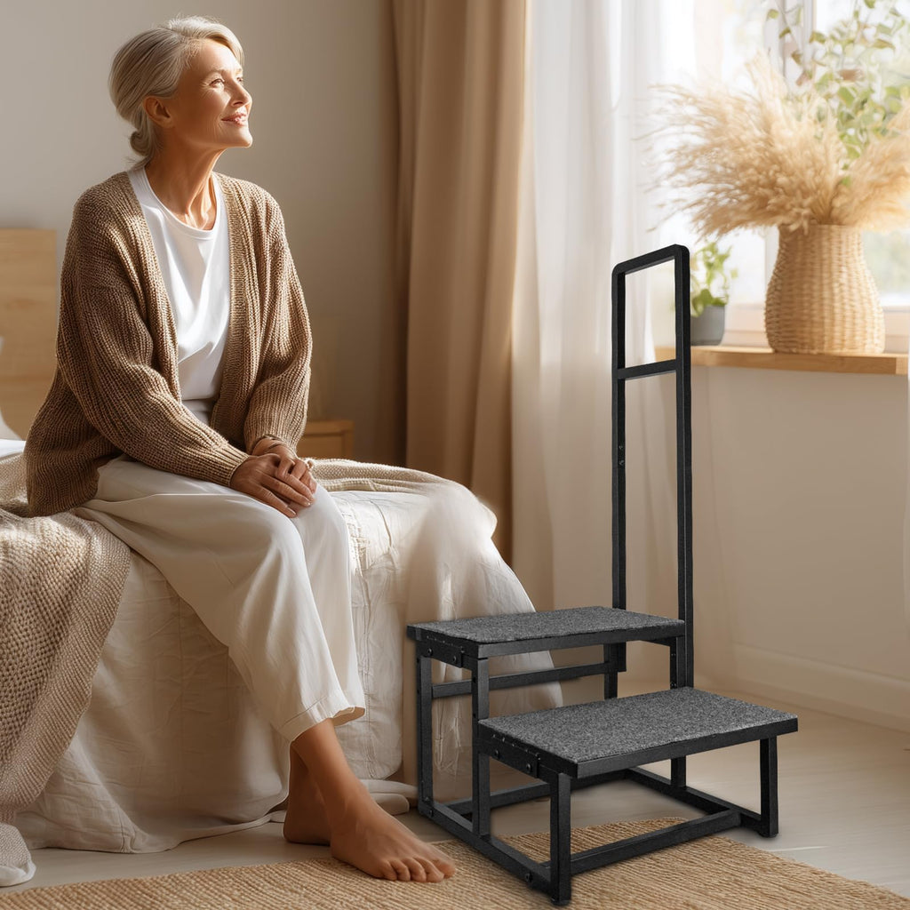 2-Step Stool with Handle for Elderly, Heavy Duty Non-Slip Step Stool for High Beds/Bathtub/Kitchen, Wide Anti-Slip Platform, Supports 450 lbs