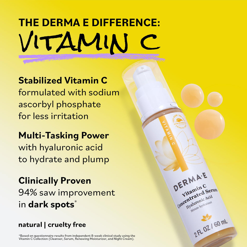 DERMA E Vitamin C Concentrated Serum, 2 Oz, with Hyaluronic Acid, Vitamin E & Aloe, All Natural, Antioxidant-Rich Concentrated Formula, Hydrating & Brightening Vitamin C Face Serum