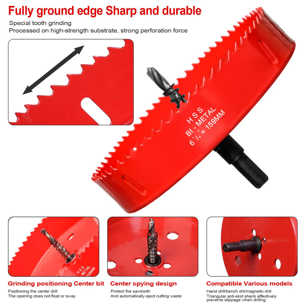 Hole Saw 6 5/16” (160mm) for Wood, HSS Bi-Metal Hole Cutter with Pilot Drill Bit for Plywood, Cornhole, Ceiling and Drywall