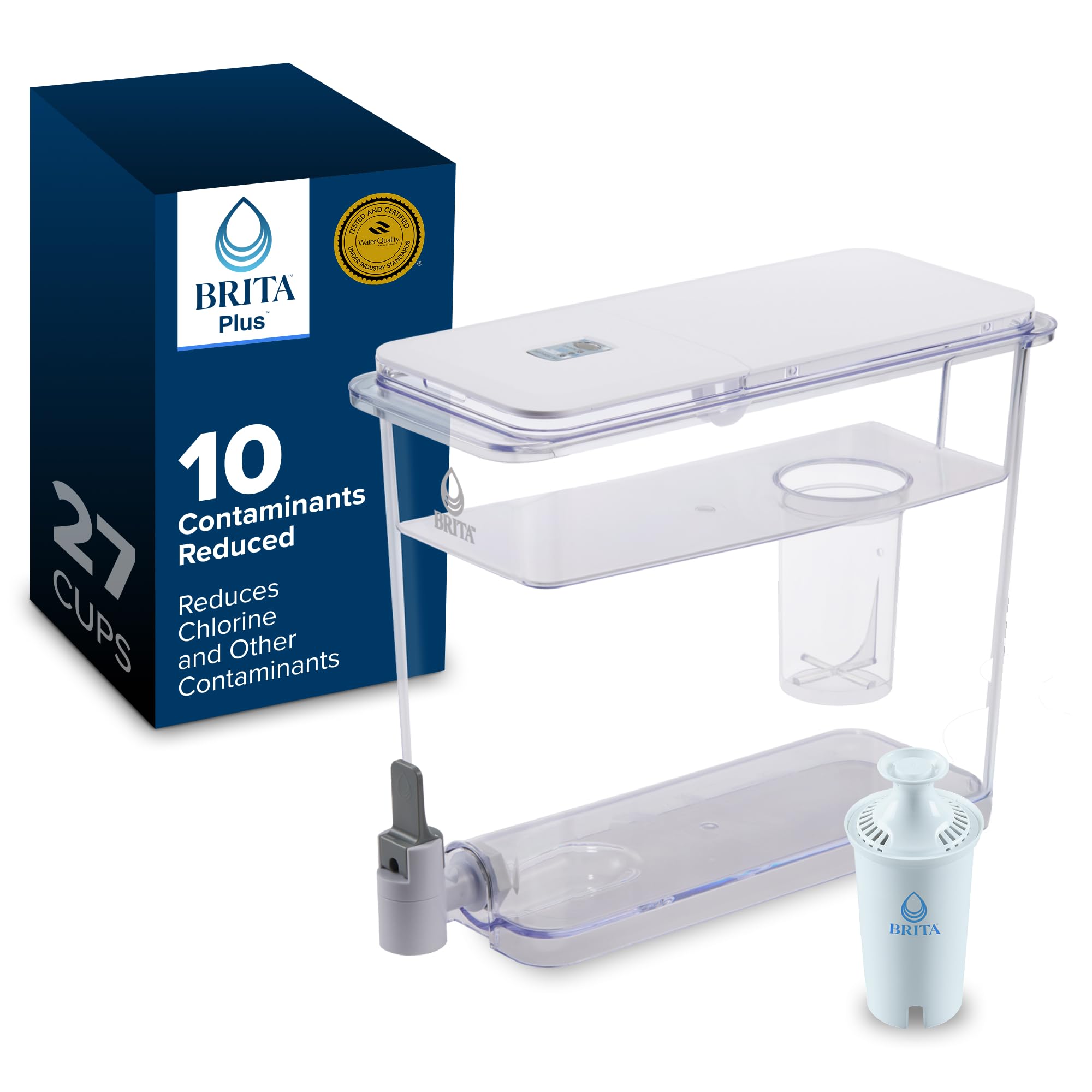 Brita Extra-Large 27-Cup Water Dispenser with BritaPlus Filter, WQA NSF/ANSI Certified, Reduces 2X Contaminants vs. Standard, Reduces Chlorine, Zinc, Copper, Mercury & More, 1 Filter Included, White