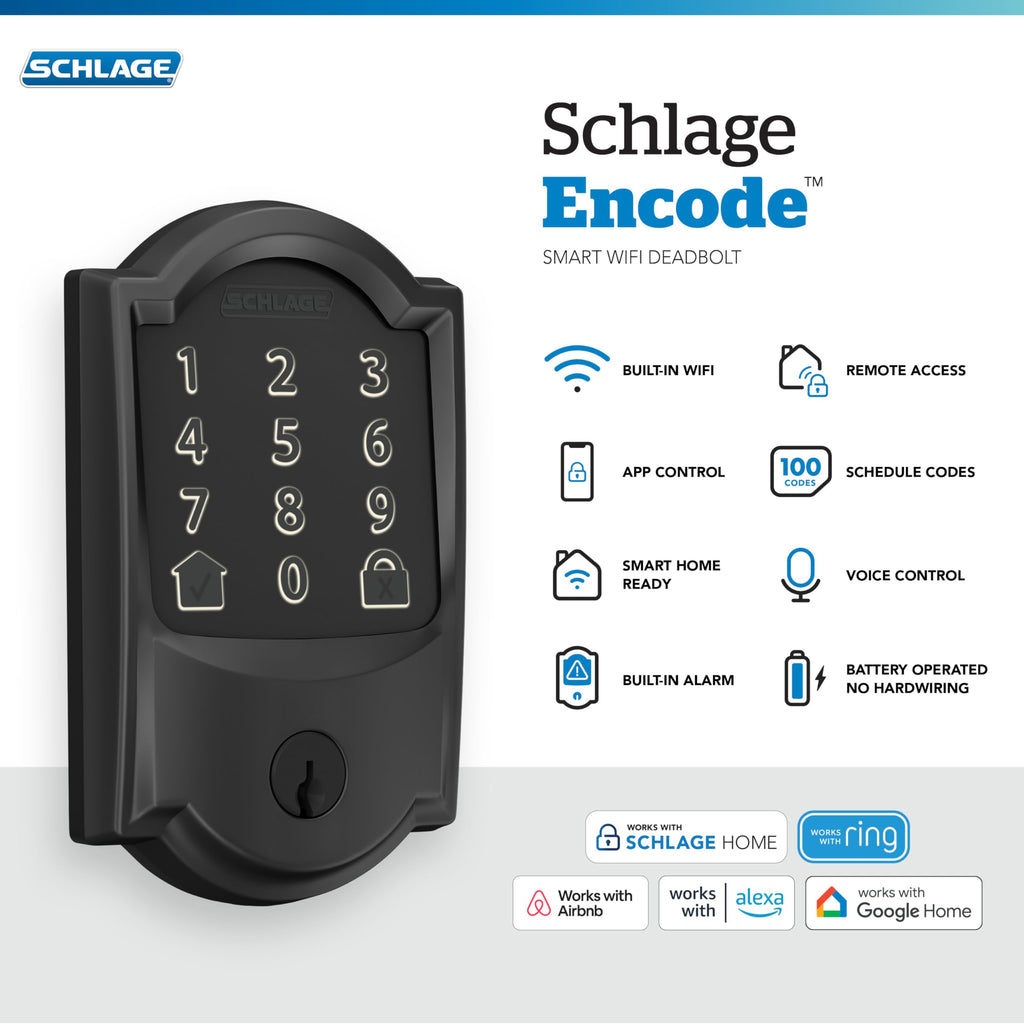 Schlage Encode Smart Wi-Fi Deadbolt Lock with Touchscreen Keypad, Keyless Front Door Entry, App Control, Alexa, Google Home and Airbnb Compatible, Matte Black, BE489WB CAM 622
