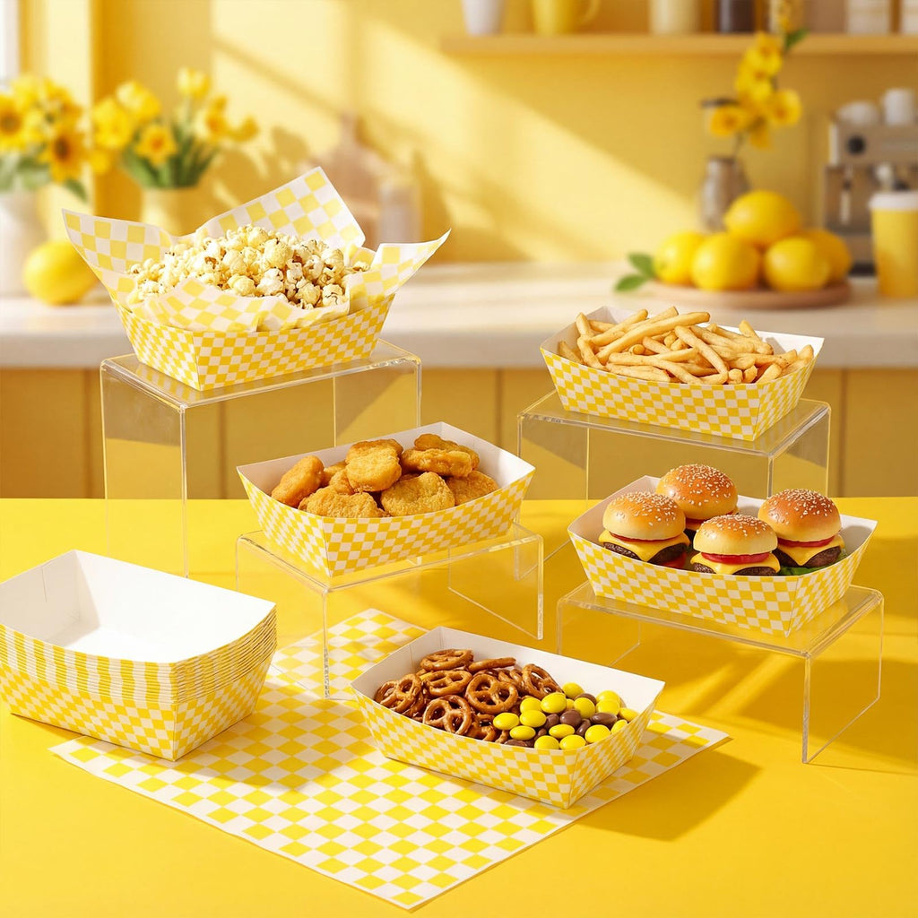 Geosar 100 Pcs Gingham Party Supply Disposable Paper Food Tray Bulk Disposable Food Boat with Checkered Wax Paper Sheet Checkered Wrapping Supply for Carnival Picnic Birthday Party (Yellow White)