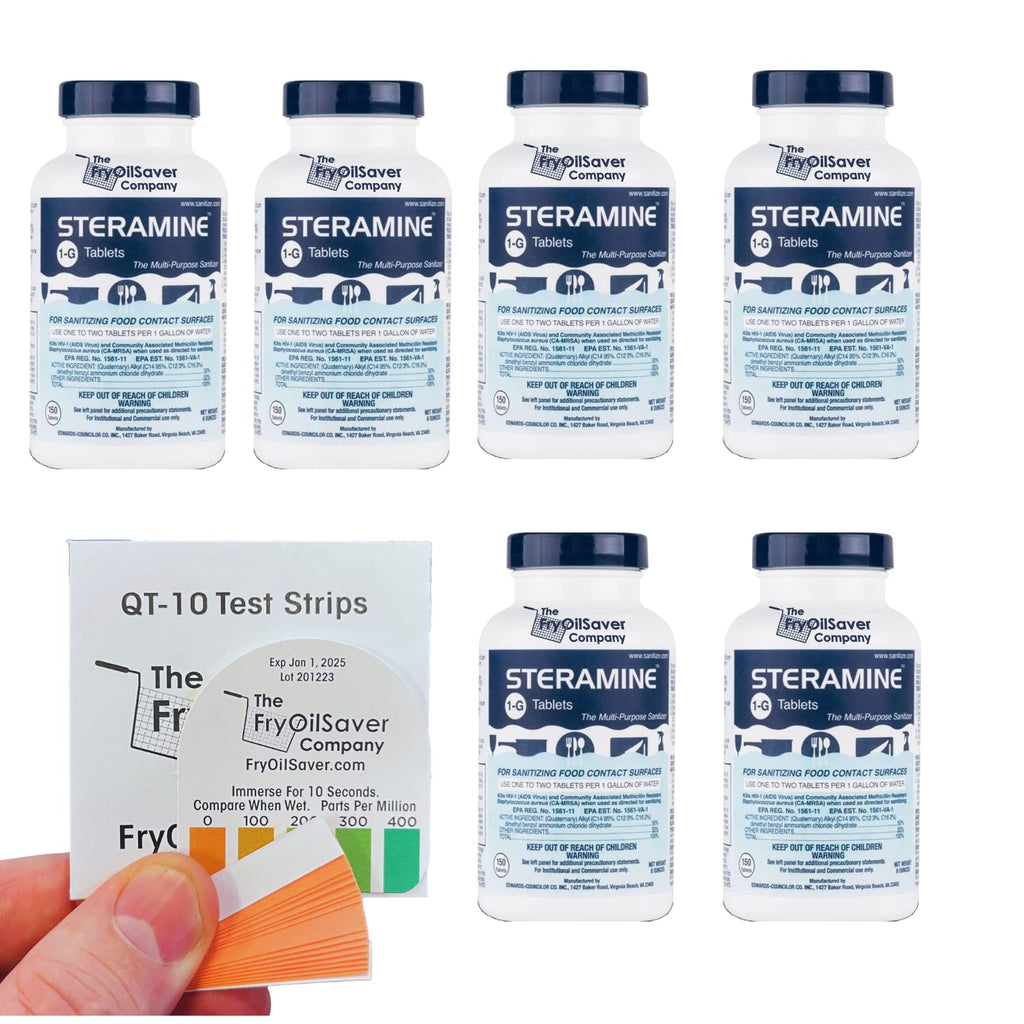 Pack of 6 (900 Tab) Steramine Sanitizing Tablets w/ 30x QT-10 Test Strips by FryOilSaver Co., Steramine Multi Purpose Contact Solution Sanitizer Tablets for Gym, Hotel, Bar, Restaurants & Food Service