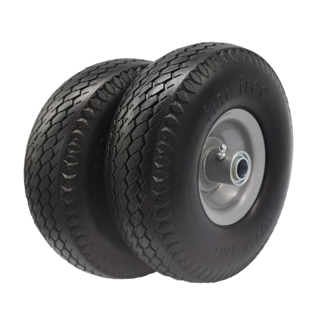 Flat Free 4.10/3.50-4 Tire with 3/4 & 5/8 Axle Bore, 3.5” Center Hub 10 inch Solid Tire Replacement for Hand Truck/Wagon/Garden Cart/Wheelbarrow/Dolly(Set of 2)