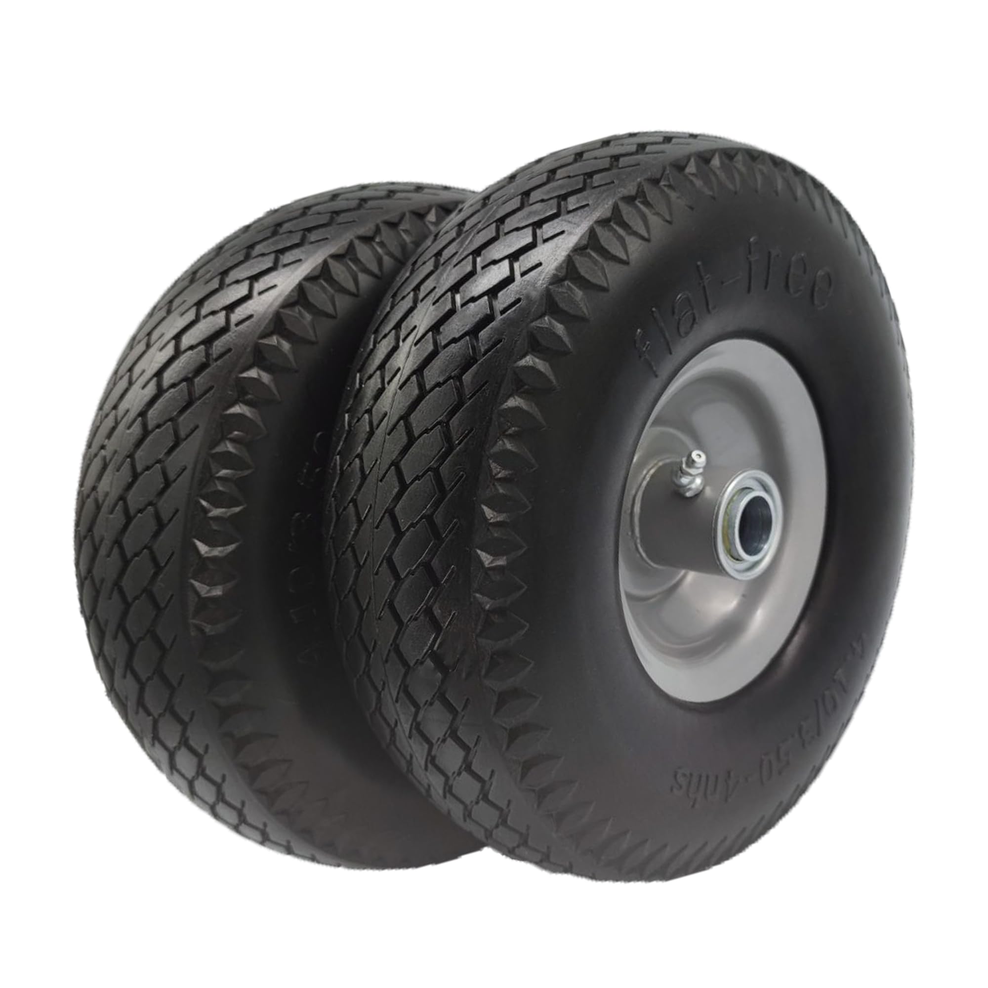 Flat Free 4.10/3.50-4 Tire with 3/4 & 5/8 Axle Bore, 3.5” Center Hub 10 inch Solid Tire Replacement for Hand Truck/Wagon/Garden Cart/Wheelbarrow/Dolly(Set of 2)