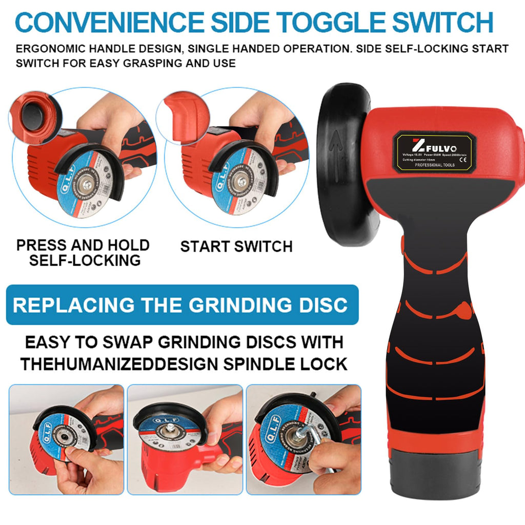 ZFULVO Cordless Brush Angle Grinder Kit, 19500rpm Mini Electric Angle Grinding Tool with 2pcs 16.8V 2000mAh Batteries and 6-Cutting Discs, Grinder Handheld Cutter for Metal Wood