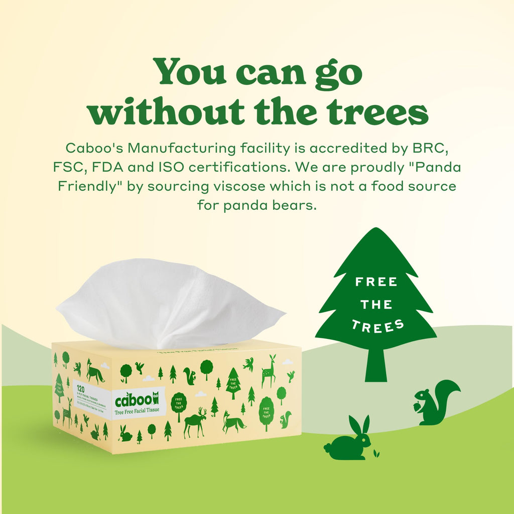 Caboo Tree Free Facial Tissue Paper, Tree Free, Eco Friendly 3 Ply Tissue Flat Box - 120 Sheets Per Box, Total of 4 Boxes, 480 Total Tissues