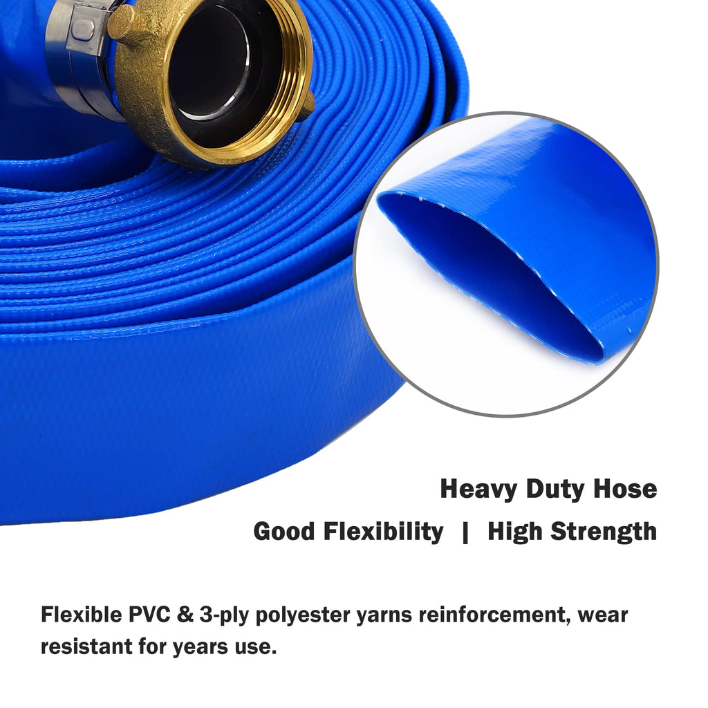DAVCO 2" ID × 100 ft Pool Backwash Hose, Heavy Duty Reinforced Blue PVC Lay Flat Water Discharge Pump Hoses For Swimming Drain Pools and Clean Filters, With Aluminum Pin Lug Fittings