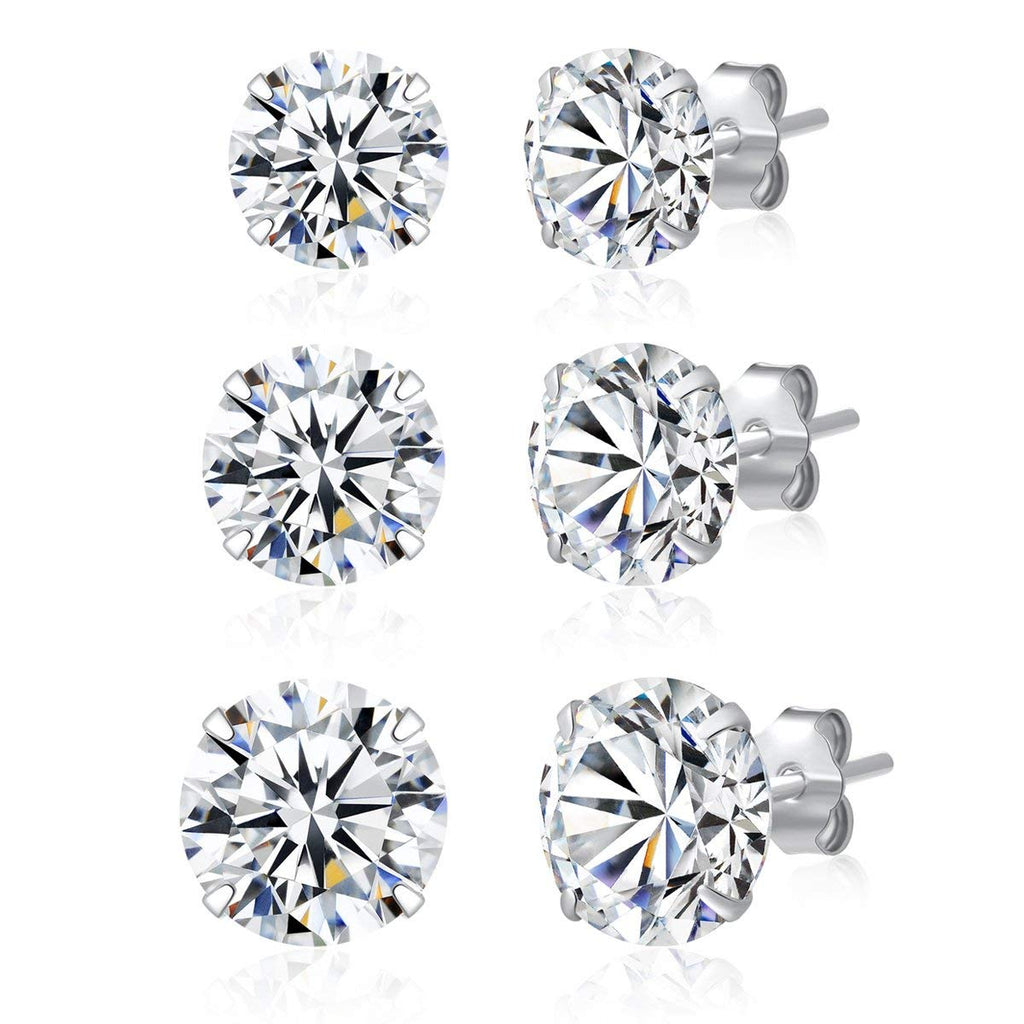 SILBERTALE 3 Pairs 925 Sterling Silver Cubic Zirconia Stud Earrings Set 3-8mm for Men Women