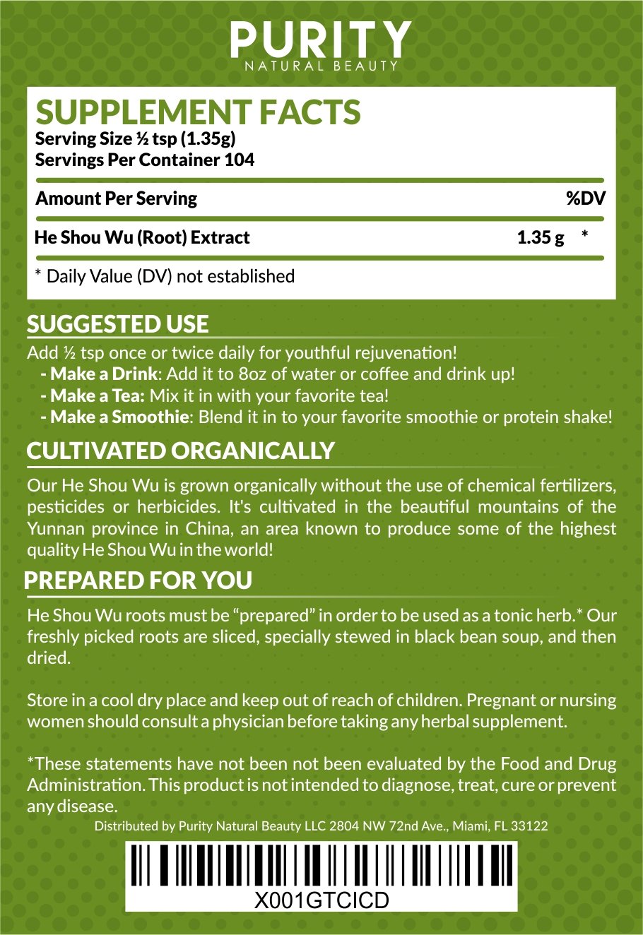 Purity Natural Beauty Certified Organic He Shou Wu - Large 5oz Bag of 30:1 Concentrated-Fo-ti - Organic Foti Extract- Fo ti He Shou Wu Organic (Pack of 5-25 Ounces)