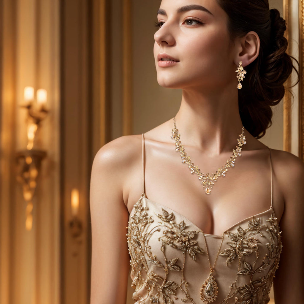 BriLove Women's Wedding Jewelry Set Leaf Flower for Bridal Prom Champagne