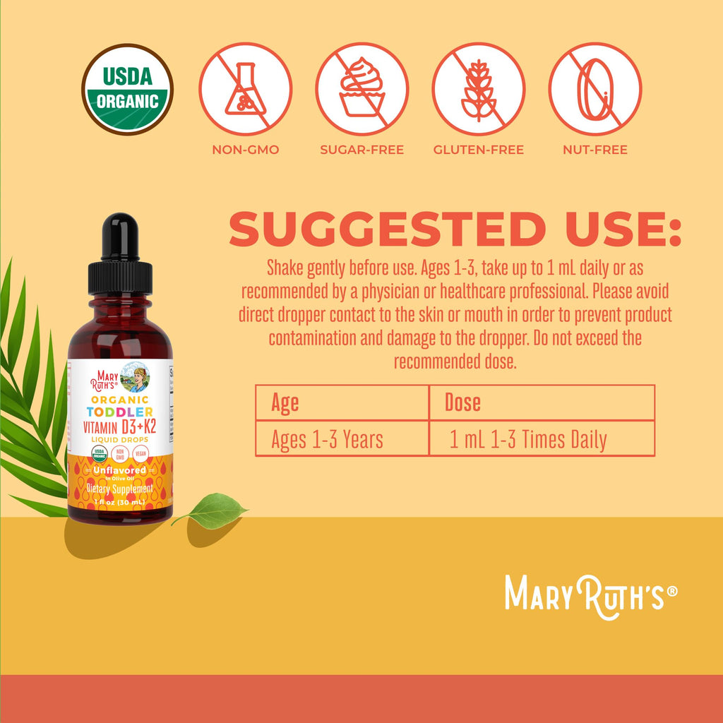 MaryRuth Organics Vitamin D3 | Vitamin K2 | Vitamin D3 K2 Drops | K2 D3 Vitamin Liquid Supplement for Toddlers | Kids Supplement for Calcium Absorption Strong Bones | Vegan | Gluten Free | 1 Fl Oz