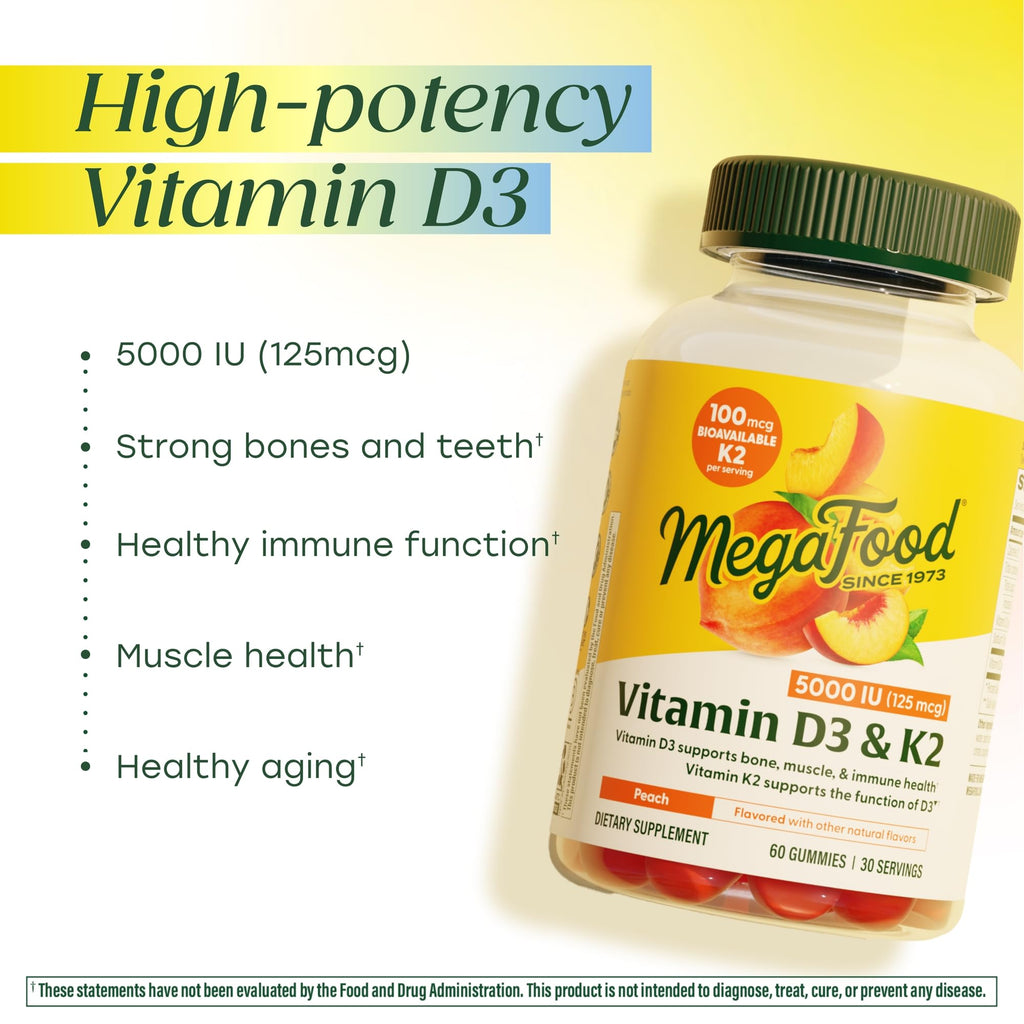 MegaFood Vitamin D3 K2 Gummies - Vitamin D 5000 IU for Bone & Immune Health Plus Support for Optimal Calcium Absorption - Peach Flavor, Pectin Based - 60 Vegetarian D3 and K2 Supplements, 30 Servings
