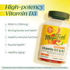 MegaFood Vitamin D3 K2 Gummies - Vitamin D 5000 IU for Bone & Immune Health Plus Support for Optimal Calcium Absorption - Peach Flavor, Pectin Based - 60 Vegetarian D3 and K2 Supplements, 30 Servings