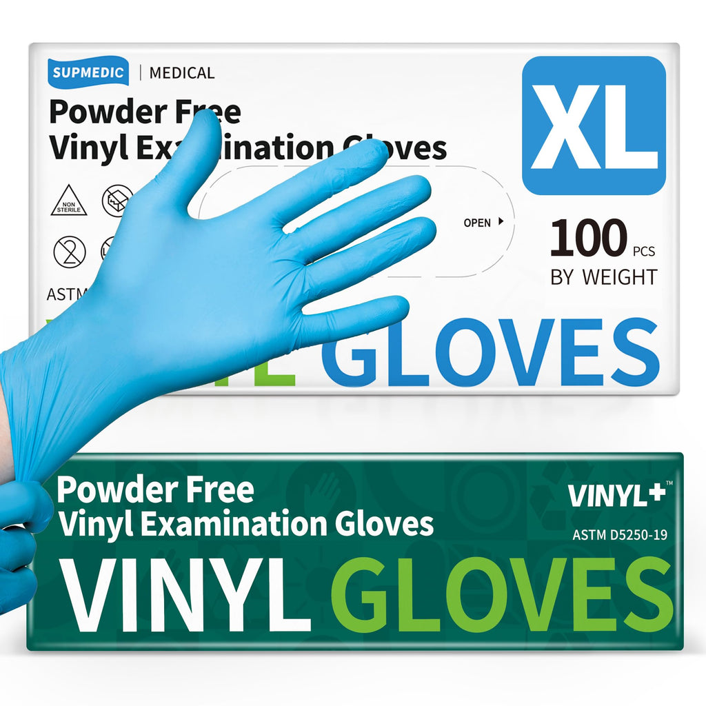Supmedic Vinyl Disposable Exam Gloves, 4 Mil Powder-Free Latex-Free Food Grade Cooking Cleaning Medical Glove, Blue 100 Pcs (X-Large)