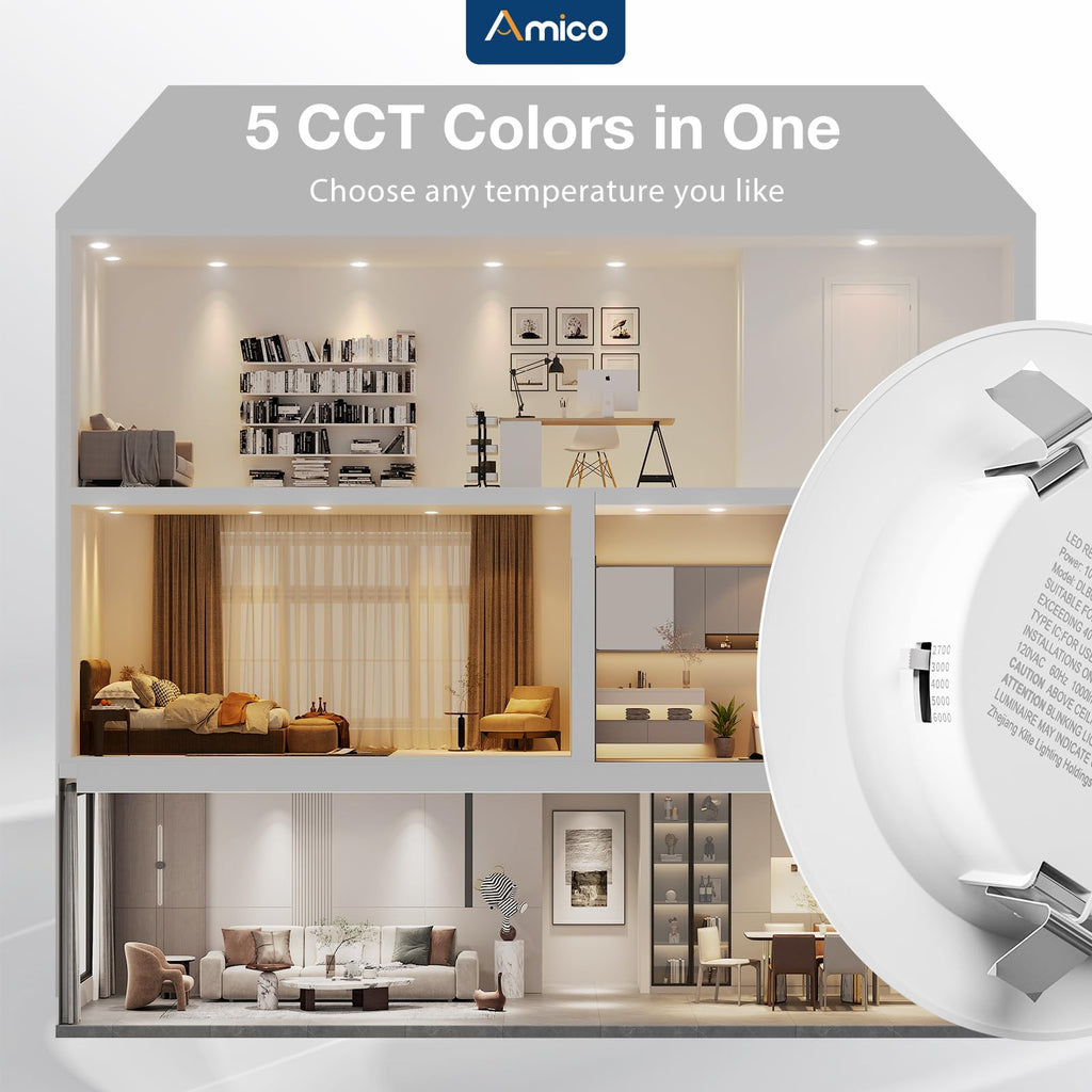 Amico Recessed Lighting 4 Inch, 12 Pack 5CCT Flat LED Can Lights, 2700K/3000K/4000K/5000K/6000K Selectable, 7W=60W, 700LM Brightness, Retrofit Installation - ETL & FCC, White