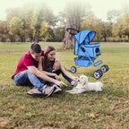 4 Wheels Pet Stroller Cat Dog Cage Stroller Travel Folding Carrier with Cup Holders and Removable Liner for Small-Medium Dog, Cat (Blue)