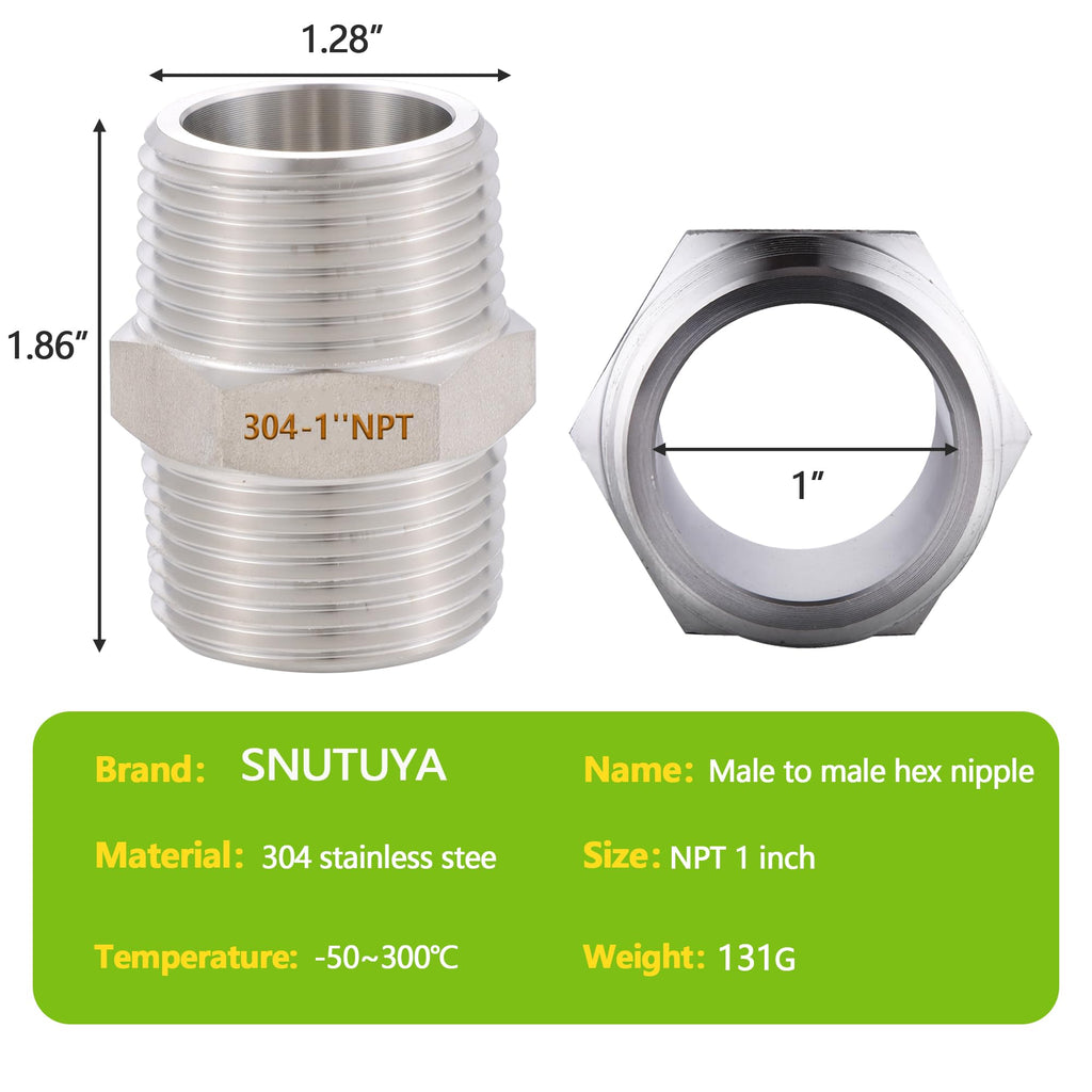 SNUTUYA 4PCS Hex Nipple 1" x 1" Male Pipe Fittings, 304 Stainless Steel 1 inch NPT Threaded Pipe Adapter Fittings, Male Straight Connector Pipe Fitting