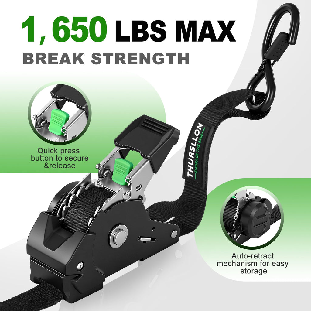 THURSLLON Retractable Ratchet Straps (4-Pack) - 1 Inch x 10 Feet (1,650lb Break Strength) - Auto Self Retracting Tie Down Straps for Truck, Cargo Trailer, Motorcycle, ATV, UTV - Black