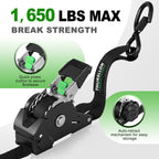 THURSLLON Retractable Ratchet Straps (4-Pack) - 1 Inch x 10 Feet (1,650lb Break Strength) - Auto Self Retracting Tie Down Straps for Truck, Cargo Trailer, Motorcycle, ATV, UTV - Black