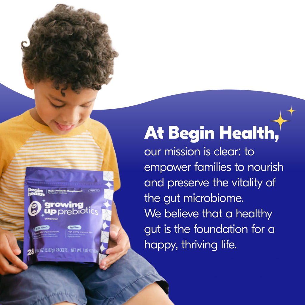Begin Health Growing Up Prebiotics for Kids 28-Packs | Prebiotic Soluble Powder Stool Softeners and Digestive Gut Health Supplement | Ideal to Mix with Kids Daily Beverages and Soft Foods - Unflavored