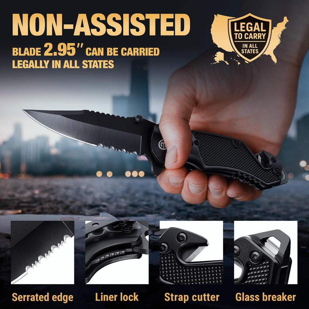 Legal Pocket Knife with Ball Bearing & Case - 5 in 1 Knife - 2.95” Serrated Blade, Glass Breaker, Seat Belt Cutter - EDC Folding Knives with Portable Clip - Tool for Tactical Camping Survival 6680 U