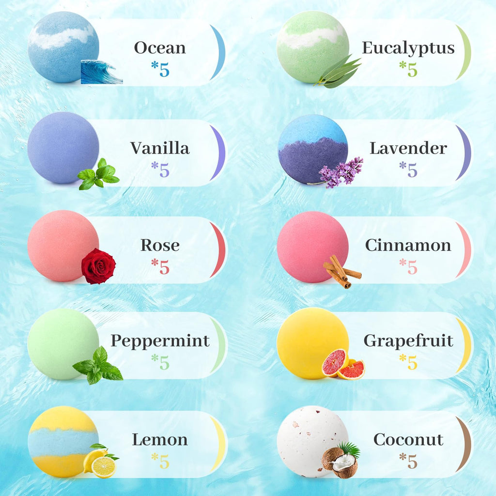 TranquilBliss Bath Bombs Set 50 PCS with 10 Scents, Natural Bathbombs, Blue