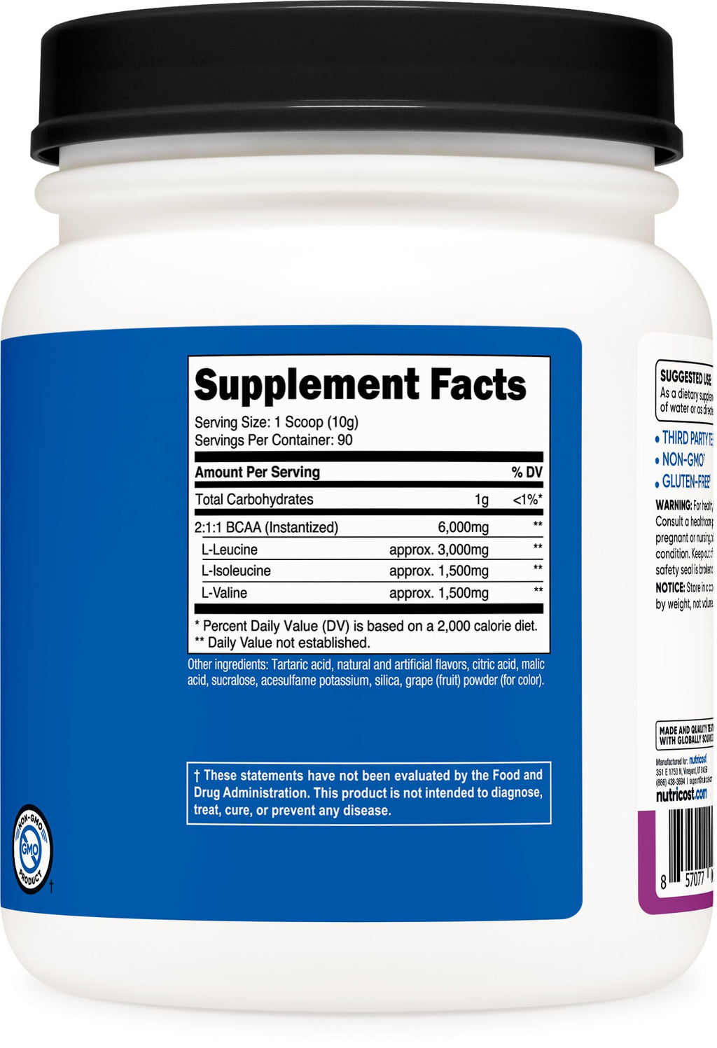 Nutricost BCAA Powder (Grape, 90 Servings) - Optimal 2:1:1 Ratio, Vegetarian, Non-GMO