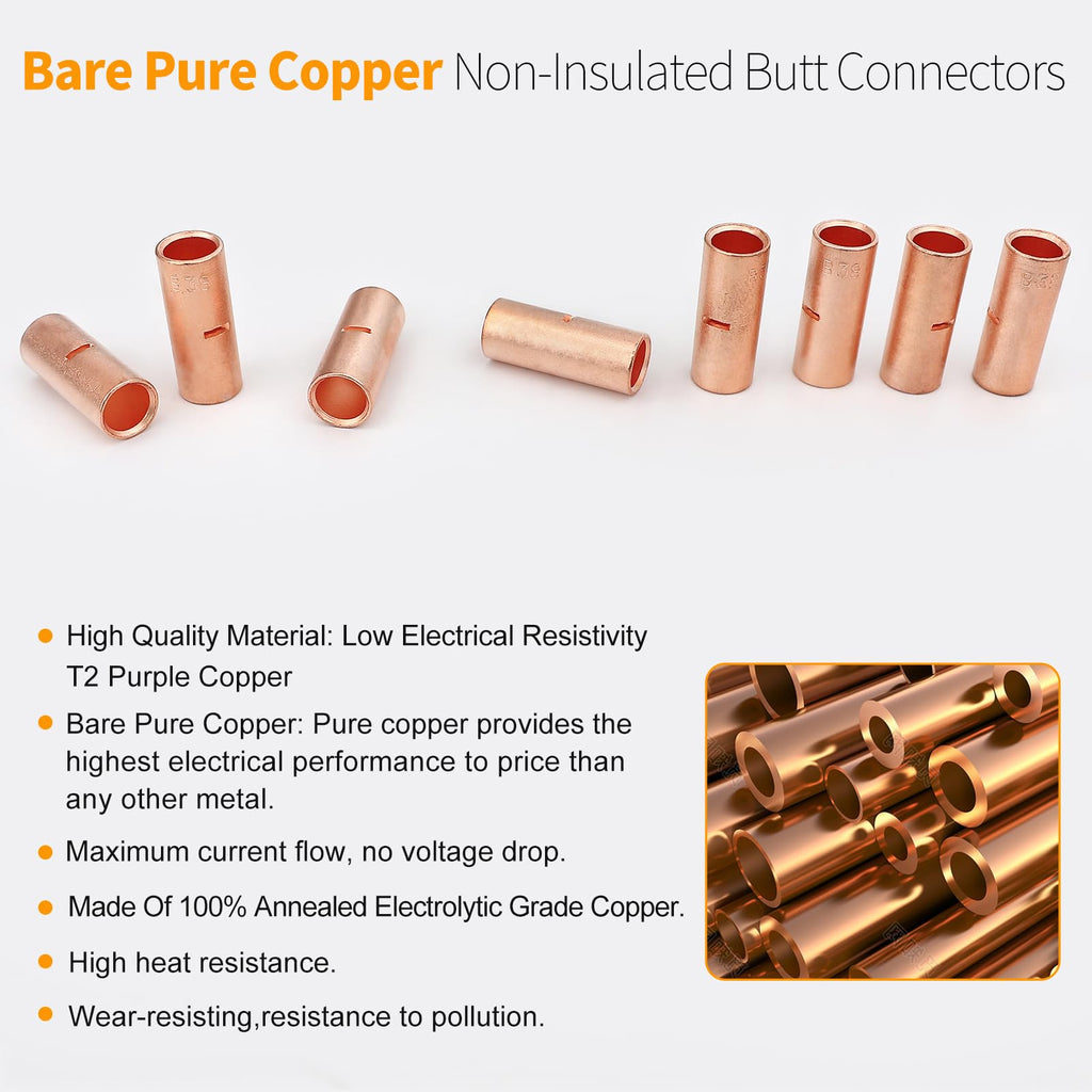 SVAAR 560 PCS 26-6 AWG Non-Insulated Butt Connectors Crimp Repair Butt Splices Kit, Uninsulated Butt Splice Connectors for 26 to 6 Gauge Wire, Heavy Duty Pure Copper Seamless Barrel Butt Terminals