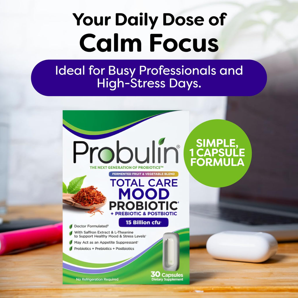 Probulin Mood Probiotics for Women with Saffron, L Theanine, Probiotic, Prebiotic, Postbiotic - Mood Support Supplement & Gut Support - Vegan, Non GMO, 30 Capsules