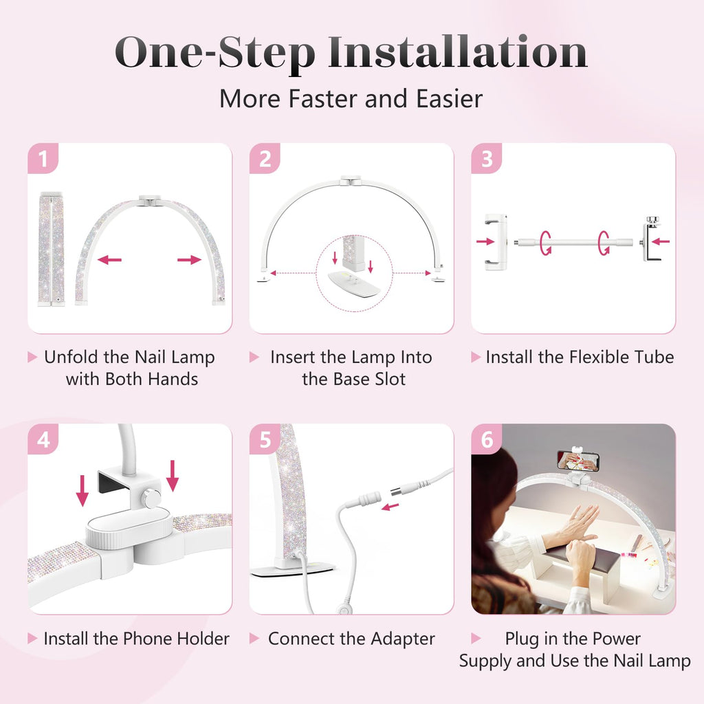 Yokilly Half Moon Light for Nail Desk: 29" Foldable Half Moon Desk Lamp with Phone Holder for Beginner - Arch Nail Tech Light with 3 Color Modes & 10 Brightness for Manicure Salon (Diamond, Large)
