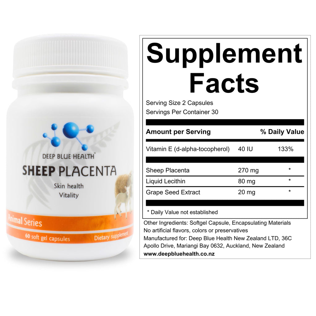 New Zealand Sheep Placenta w/ Grape Seed Extract and Vitamin E - 13500mg x 60 Soft Gel Capsules - Supports Skin Health and Vitality