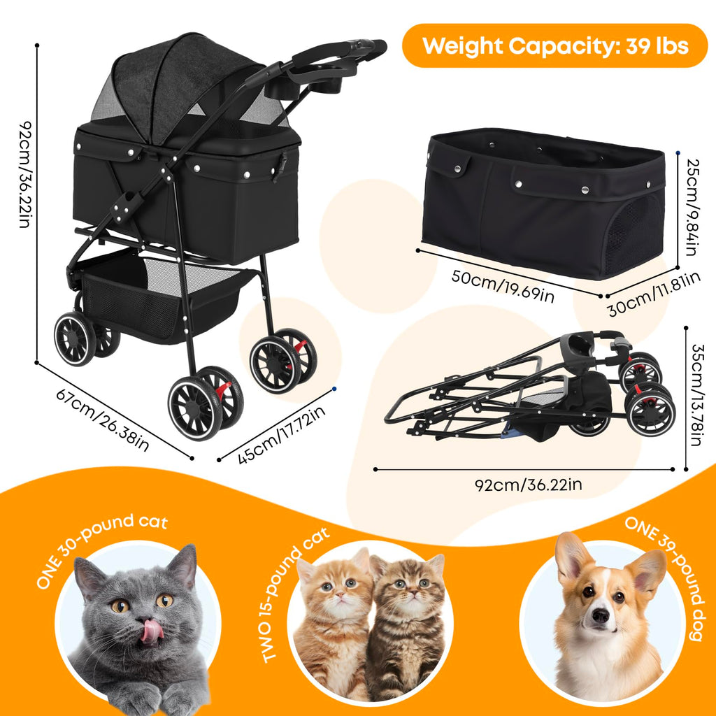Pet Stroller,Dog Stroller for Small Medium Dogs Cats,3 Wheels,Foldable,with Breathable Mesh Canopy,Cup Holders,Easy Assembly,Black