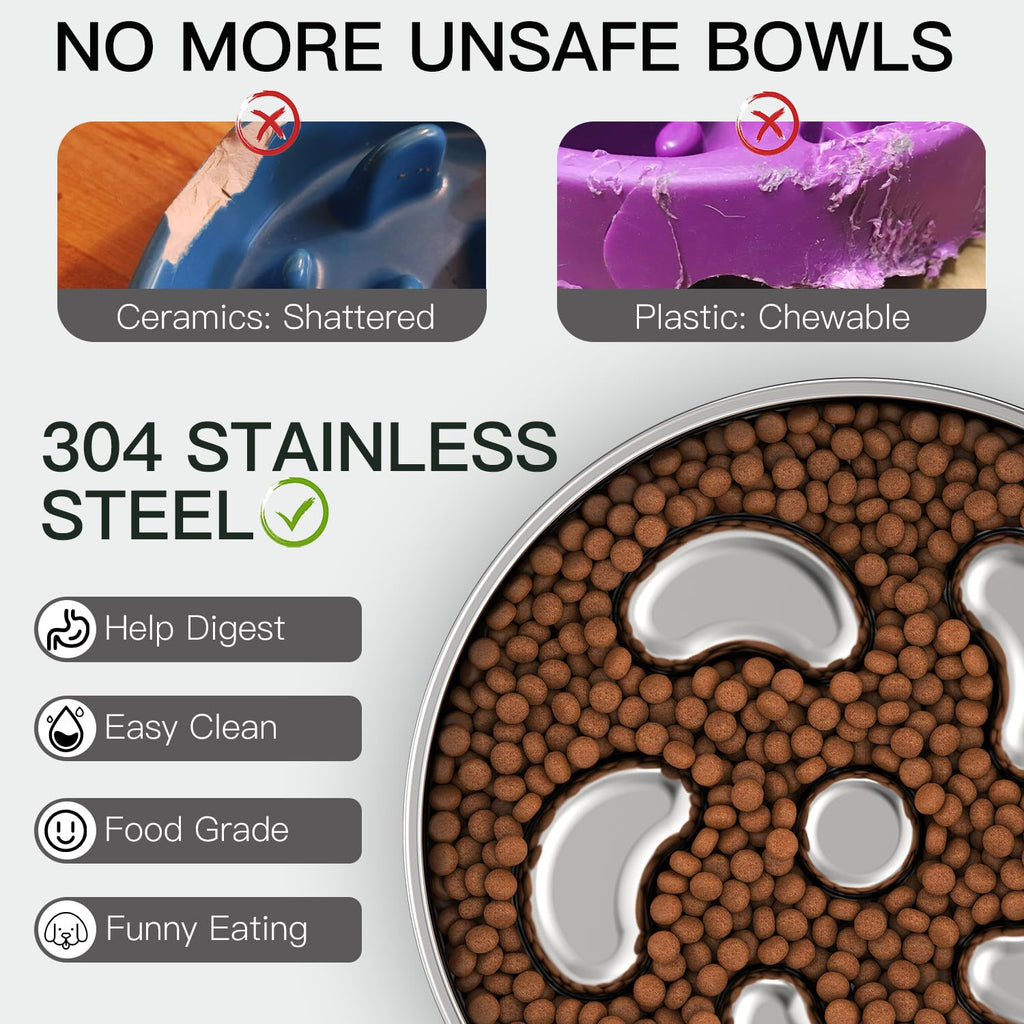 Feedoo Slow Feeder Dog Bowl-2Cups for Medium Breeds, Double Wall Food-Grade Stainless Steel, Heavy Duty with Non-Slip Rubber Base, Puzzle Maze Bowl to Slow Down Eating
